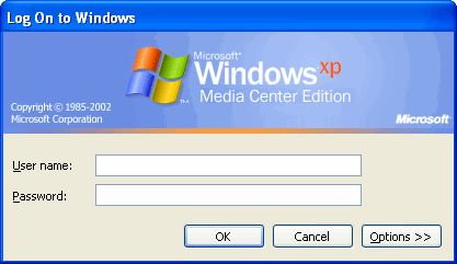 Windows XP Log On dialog showing options button